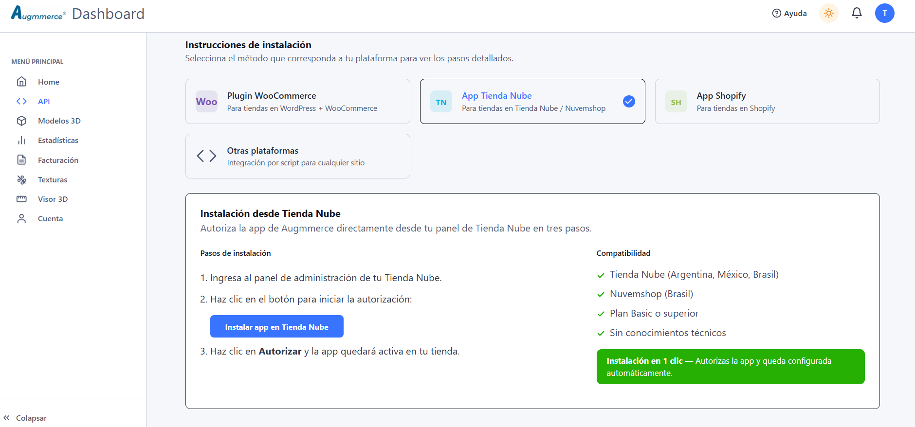Sección de integraciones en el panel de Augmmerce mostrando las plataformas disponibles