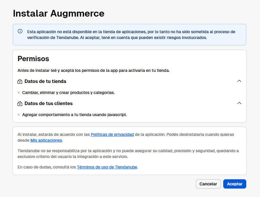 Pantalla de instalación de la app Augmmerce dentro del panel de Tienda Nube