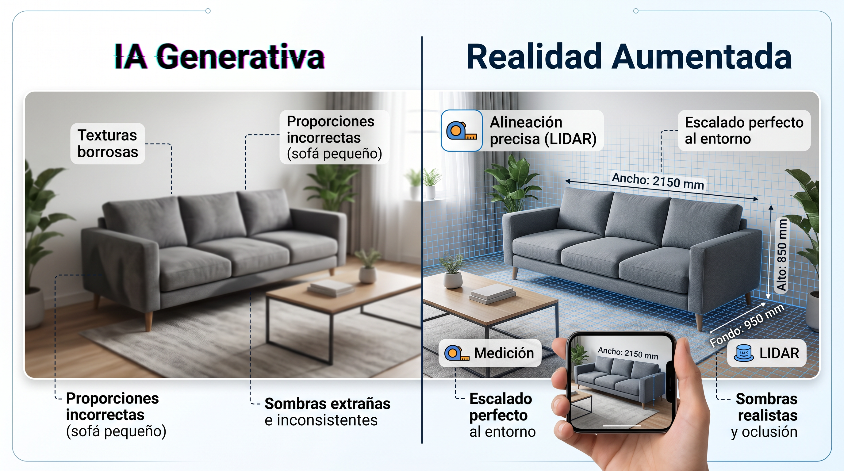 Comparación lado a lado: IA generativa con proporciones incorrectas versus AR con medición precisa anclada al piso real