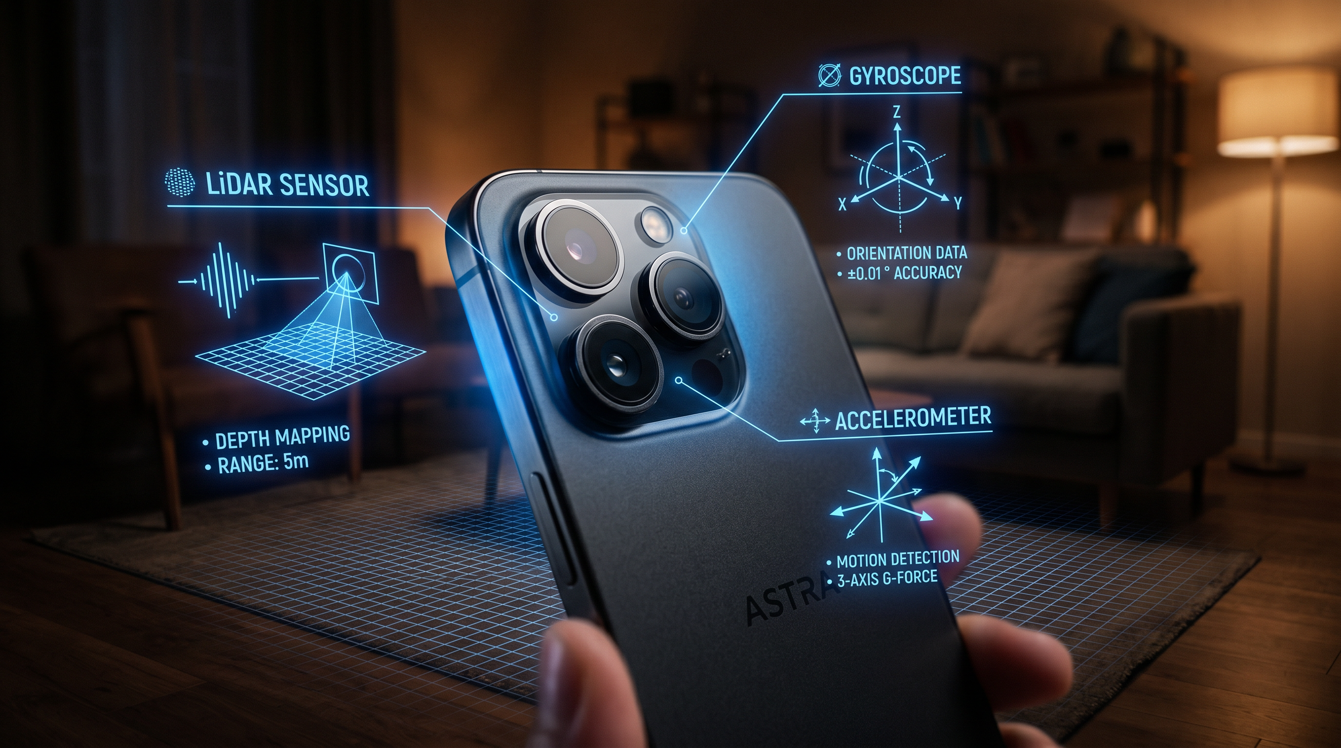 Smartphone con visualización holográfica de sensores LiDAR, giroscopio y acelerómetro escaneando una habitación con malla de profundidad